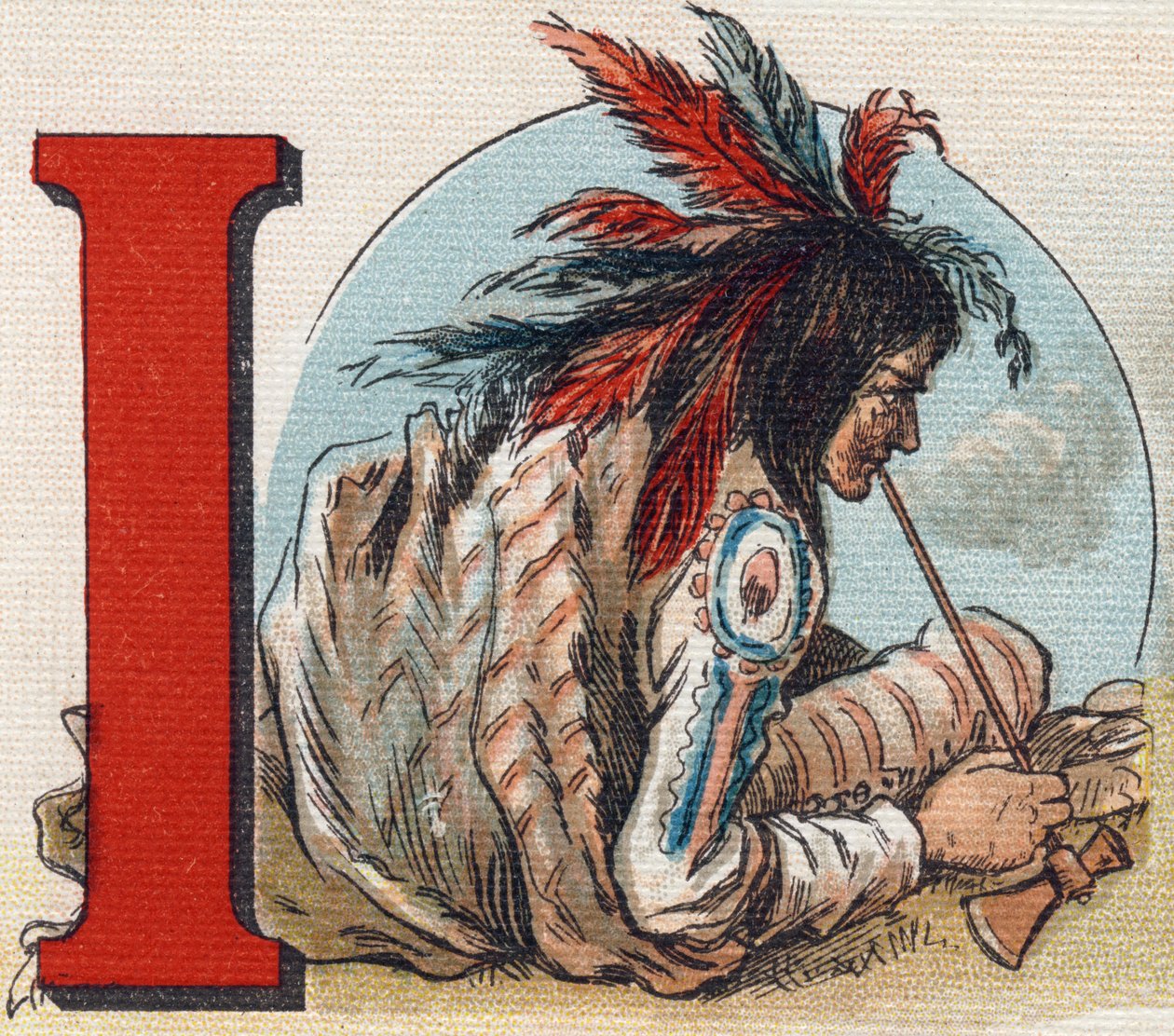 Lettera I: Indiano americano. Incisione in "Alfabeto della mia bambina". Bernardin-Bechet e Fils, librai-editori, Parigi, circa 1895. Album infrangibile su tela. Biblioteca dei Bebè. 12 pagine. Album contenente un metodo di lettura e un abecedario illustra da Unbekannt
