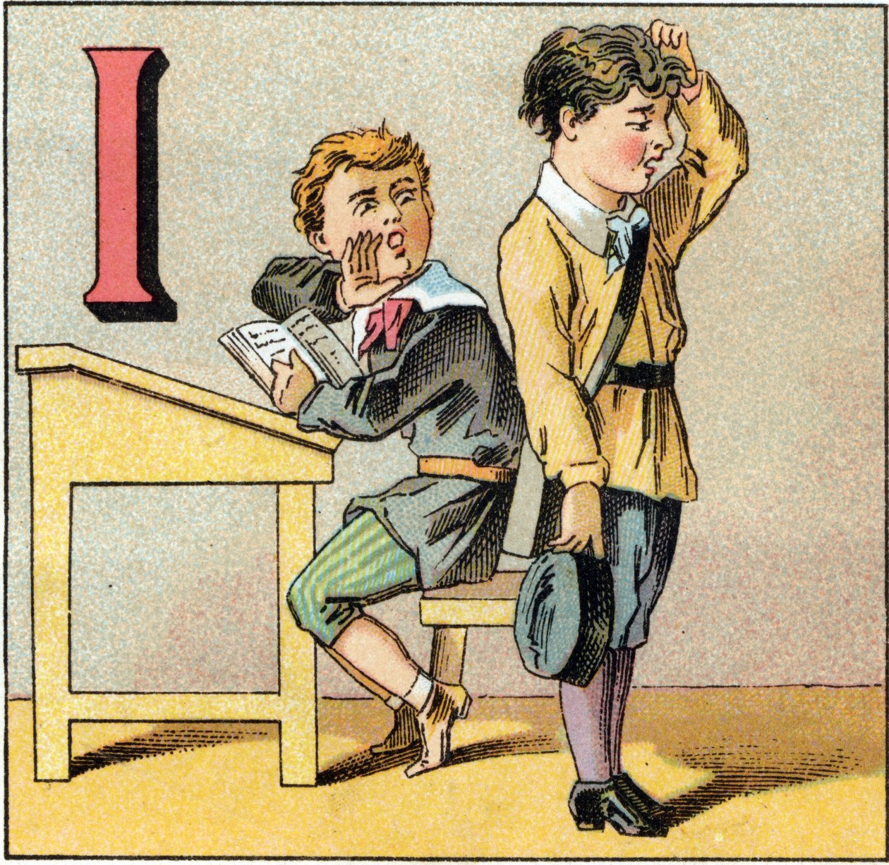 Lettera I come ignoranza. Uno studente dimentica la sua lezione e ripete ciò che uno dei suoi compagni suggerisce. Incisione in "Alphabet des petits ecoliers". Imagerie d