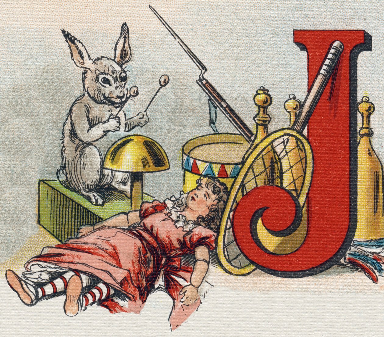 Lettera J: giocattoli. Incisione in "Alfabeto della mia bambina". Bernardin-Bechet e Fils, librai-editori, Parigi, circa 1895. Album infrangibile su tela. Biblioteca dei Bebè. 12 pagine. Album contenente un metodo di lettura e un abecedario illustrato da Unbekannt