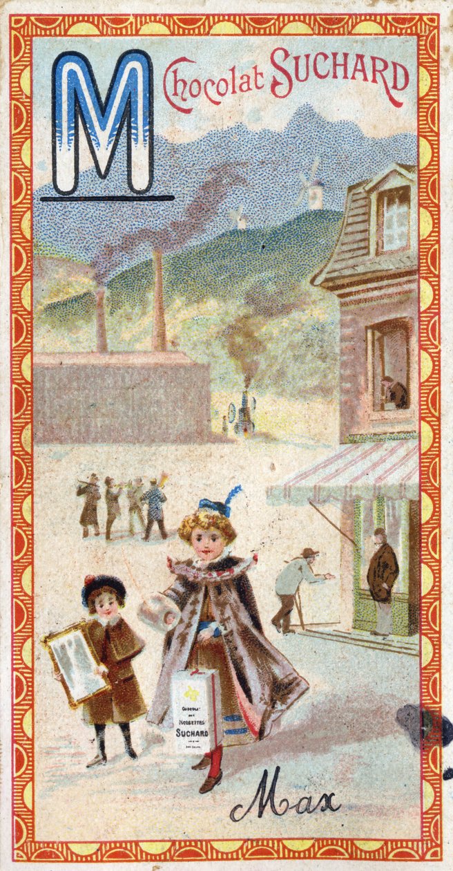 Lettera M: montagna, specchio, macchina, manifattura, cappotto, mendicante, mulino. Incisione dell