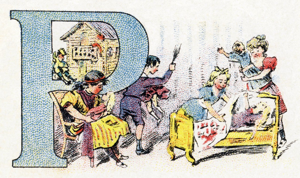 Lettera P: Bambola Polichinella. Alfabeto di Phosphatine Falieres. Incisione. Brevete alphabet S.G.D.G. del farmacista Pierre Emile Falieres. Illustrazioni in cromolitografia, fine XIX secolo. 16 pagine. da Unbekannt