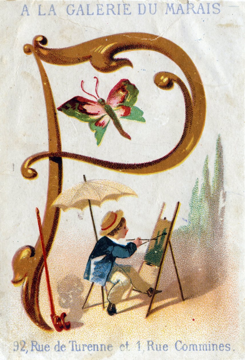 Lettera P: pittore, farfalla, parasole, pipa. Alfabeto Art Nouveau: Serie di 25 cromolitografie pubblicitarie. Litografia di Alfred Clarey, fine XIX secolo. Dim 115x75mm da Unbekannter Künstler