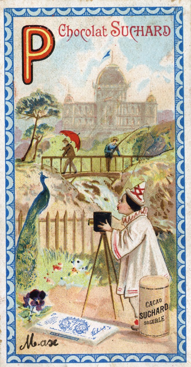 Lettera P: palazzo, padiglione, ombrello, fotografo, ponte, pesca, pavone, pensiero. Incisione dell