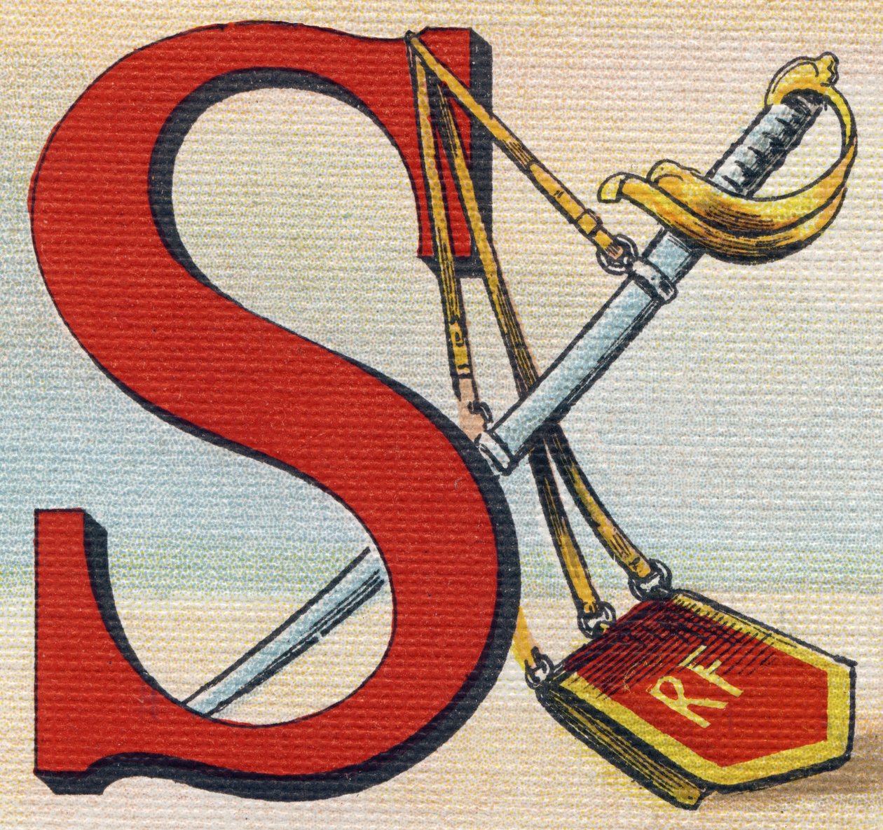 Lettera S: Sciabola. Incisione in "Alphabet de ma petite fille". Bernardin-Bechet e Fils, librai-editori, Parigi, circa 1895. Album infrangibile su tela. Bibliothèque des Bebes. da Unbekannt