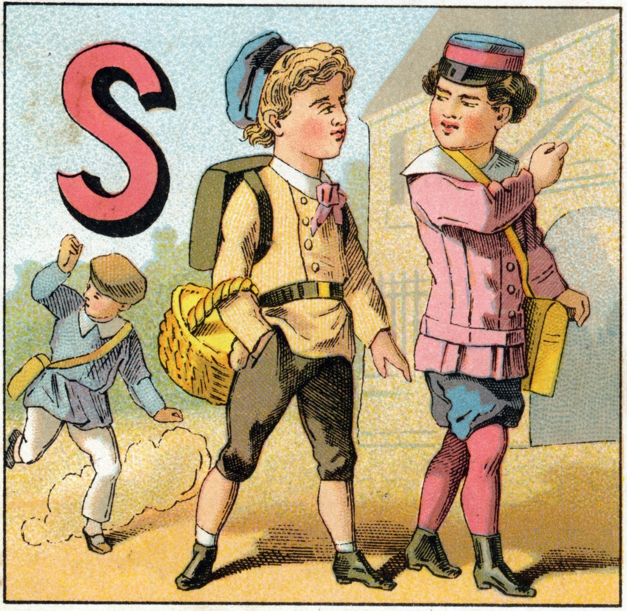 Lettera S come uscita da scuola. Incisione in "Alphabet des petits ecoliers". Imagerie di Epinal, circa 1885. Collezione privata da Unbekannt