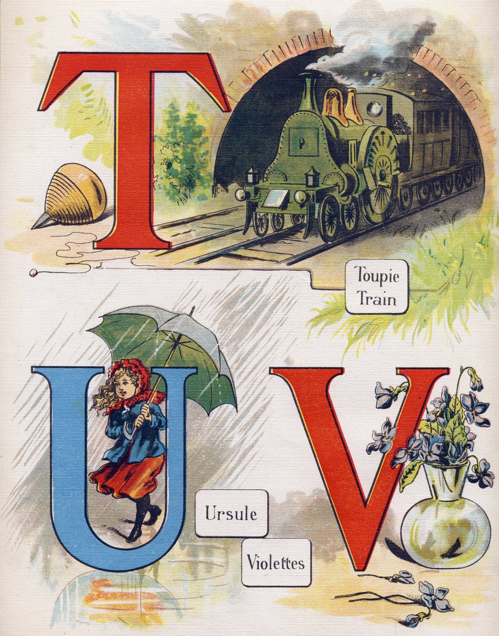 Lettera T, U e V: trottola, treno, ursula e viola. Incisione in "ABC L