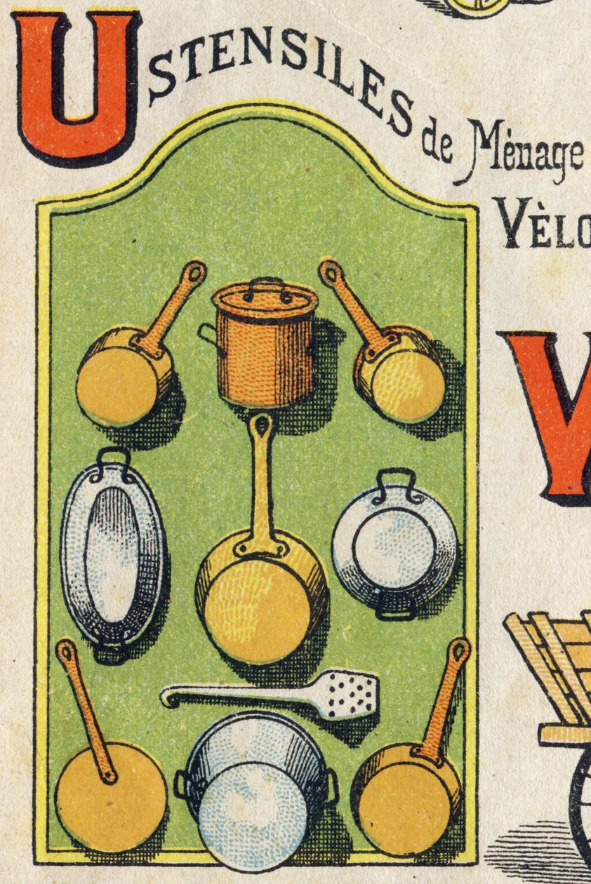 Lettera U. Cocote, stufa, scoiattolo, casseruola... Incisione in "ABC Toys". Immagini di Epinal in cromolitografia, circa 1890. Piccolo opuscolo di 8 pagine. da Unbekannt