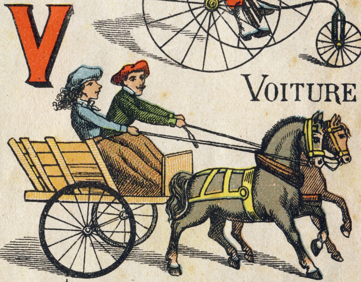 Lettera V per auto. Incisione in "ABC Toys". Immagini di Epinal in cromolitografia, circa 1890. Piccolo opuscolo di 8 pagine. da Unbekannt
