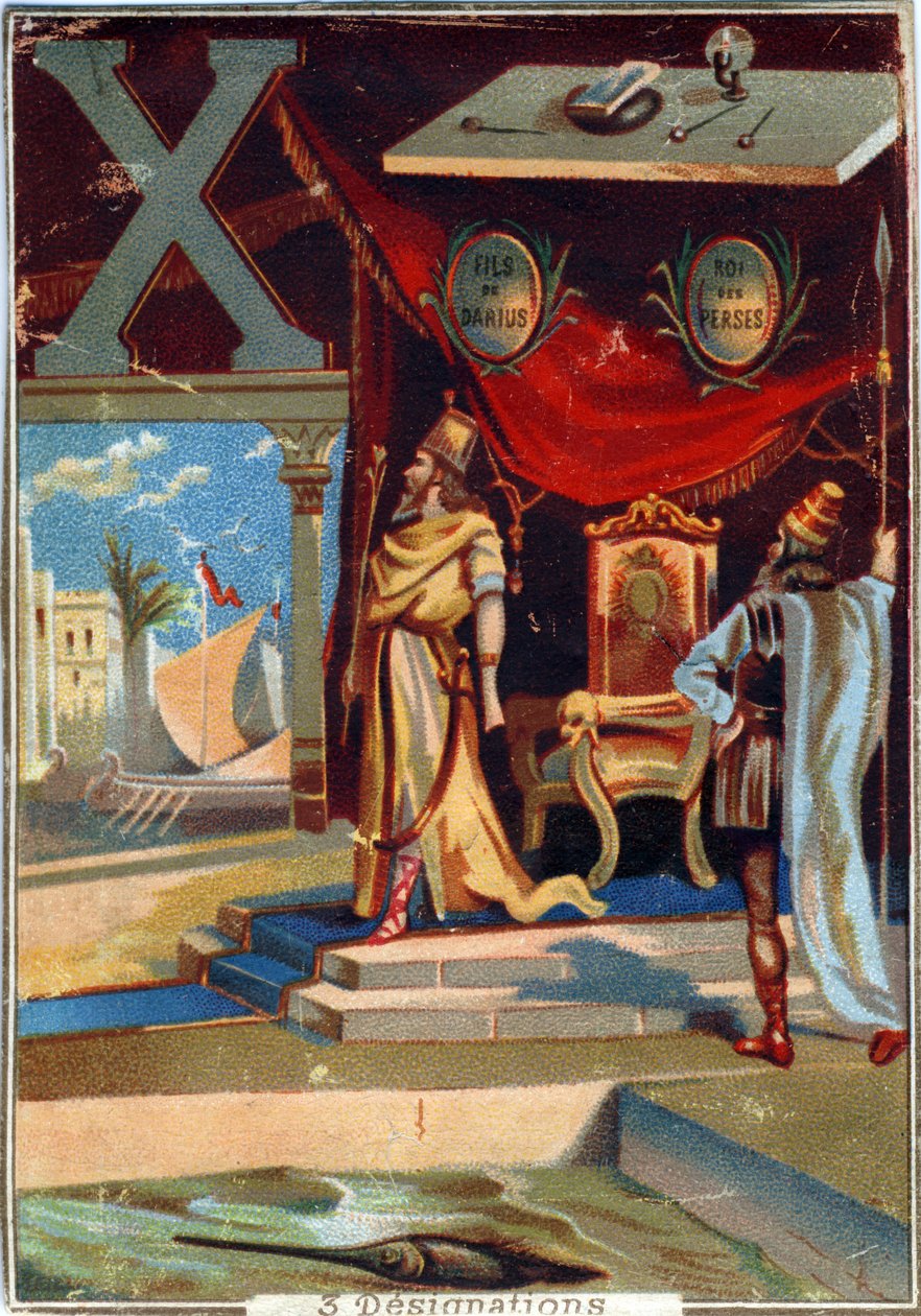 Lettera X: Serse I; xilografia; xiphias. Alfabeto. In ogni immagine, ci sono una serie di parole illustri le cui rappresentazioni sono messe in scena. Cromolitografie della Litografia Parigina, circa 1890. Dim: 10,7x7,5cm da Unbekannt