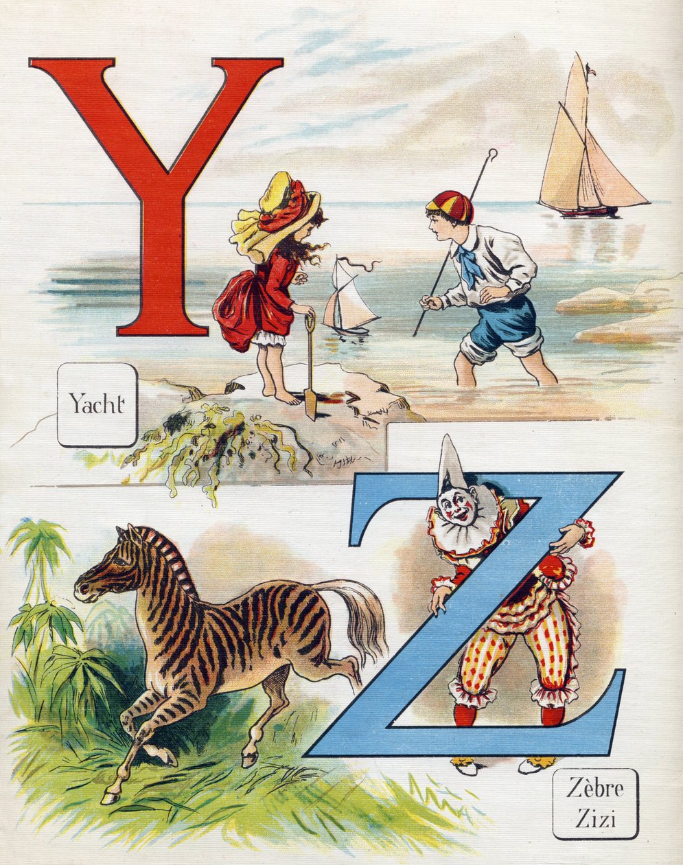 Lettera Y e Z: Yacht, zebra e Zizi il clown. Incisione in "ABC L