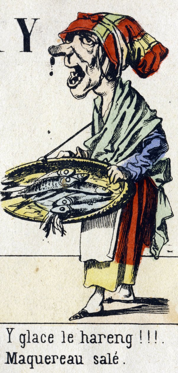 Lettera Y: "ghiacci il pesce!!! Sporco sgombro". Alfabeto "Divertimento dei bambini". Immagini di Epinal, circa 1890. Serie popolare. Piccolo opuscolo di 8 pagine. da Unbekannt