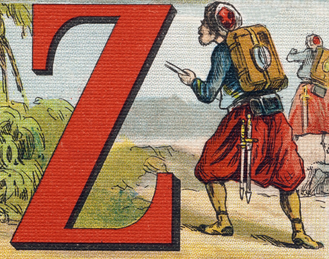 Lettera Z: Zuavo. Incisione in "Alphabet de ma petite fille". Bernardin-Bechet e Fils, librai-editori, Parigi, circa 1895. Album infrangibile su tela. Bibliotheque des Bebes. 12 pagine. Album contenente un metodo di lettura e un abecedario illustrativo. da Unbekannt