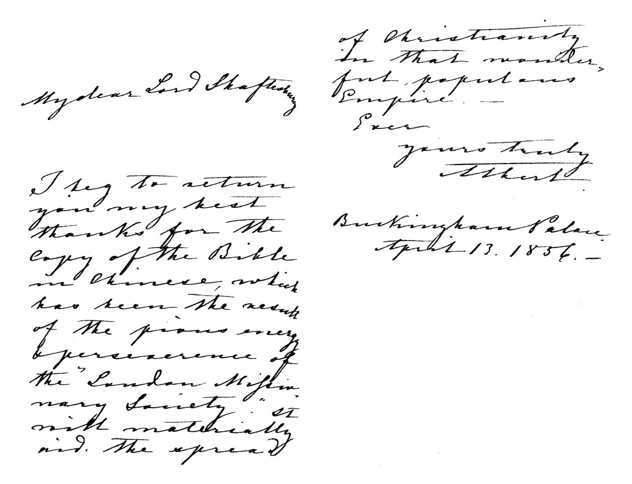 Lettera di Alberto, principe consorte, ad Anthony Ashley-Cooper, conte di Shaftesbury, ringraziandolo per una copia della Bibbia in cinese, scritta da Buckingham Palace da Unbekannt