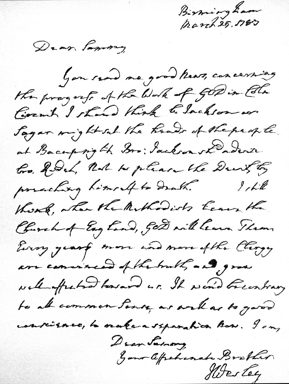 Lettera di John Wesley a Samuel Bradburn, esprimendo la sua forte opinione che i metodisti non dovrebbero lasciare la Chiesa d