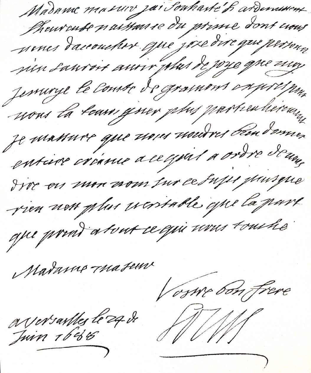 Lettera di Luigi XIV a Maria di Modena, congratulandosi per la nascita di un principe, Giacomo Edoardo, principe di Galles da Unbekannt