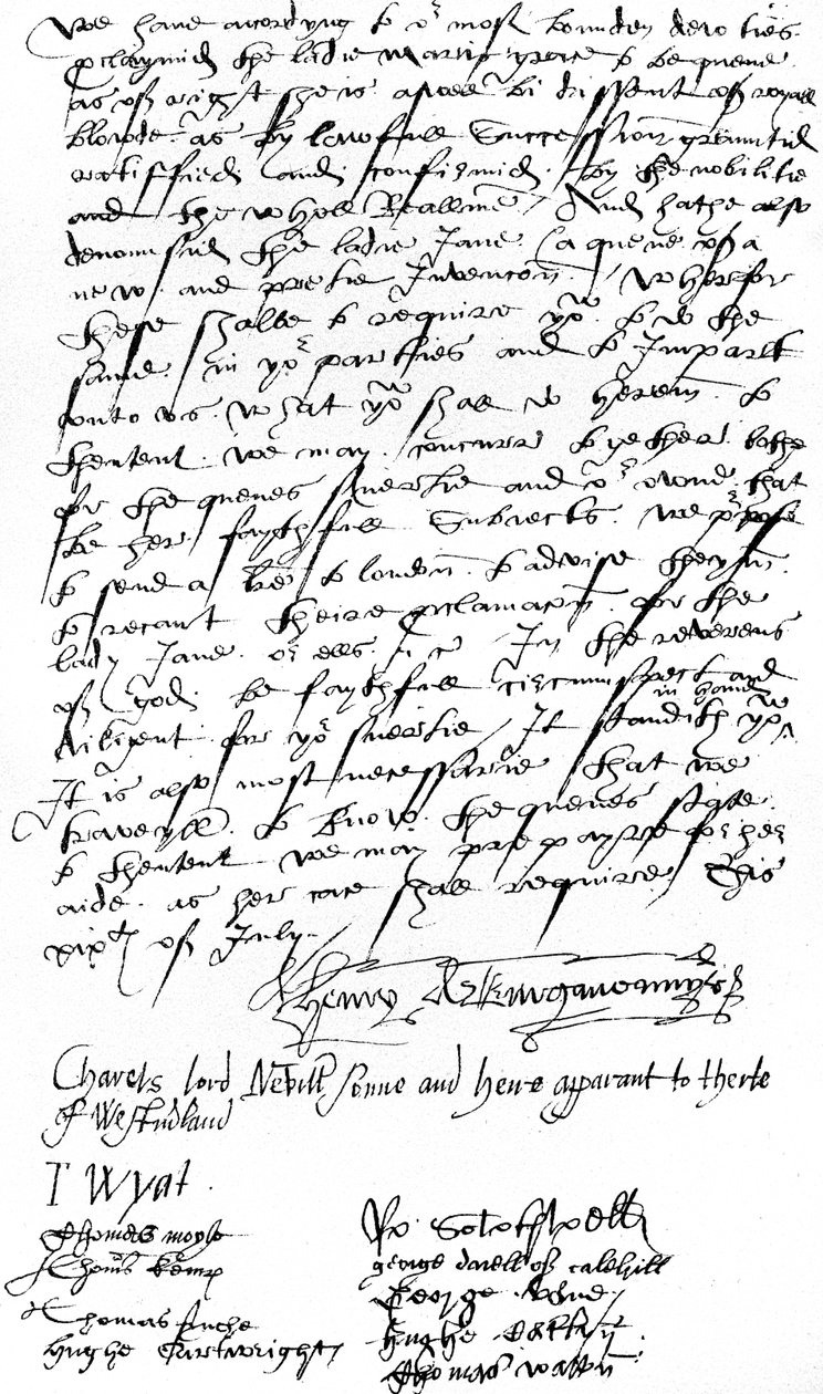 Lettera dei sostenitori della regina Maria I nel Kent a Sir Nicholas Pelham e ai gentiluomini del Sussex, annunciando la proclamazione della Lady Mary come regina e denunciando Lady Jane Grey da Unbekannt