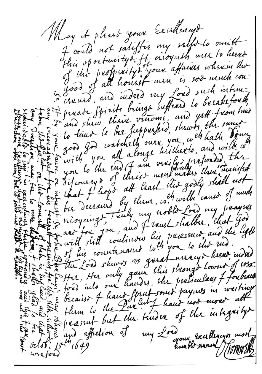Lettera scritta da Oliver Cromwell a Lord Fairfax per congratularsi della sua prosperità e annunciare la cattura di Wexford, Irlanda da Unbekannt