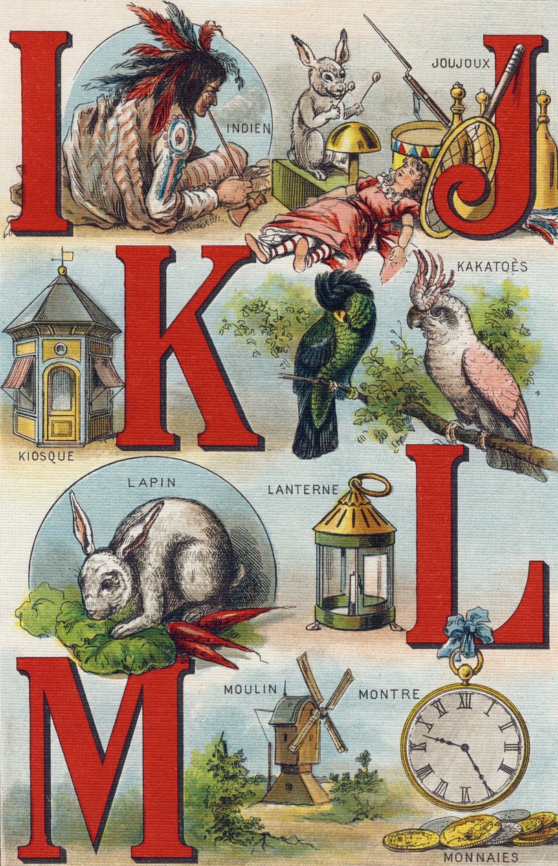 Lettere I J K L; Indiano; Giocattoli; Cacatua; Chiosco; Lanterna; Coniglio; Orologio; Mulino. Incisione in "Alphabet de ma petite fille". Bernardin-Bechet e Fils, librai-editori, Parigi, circa 1895. Album infrangibile su tela. Bibliothèque des Bebes. da Unbekannt
