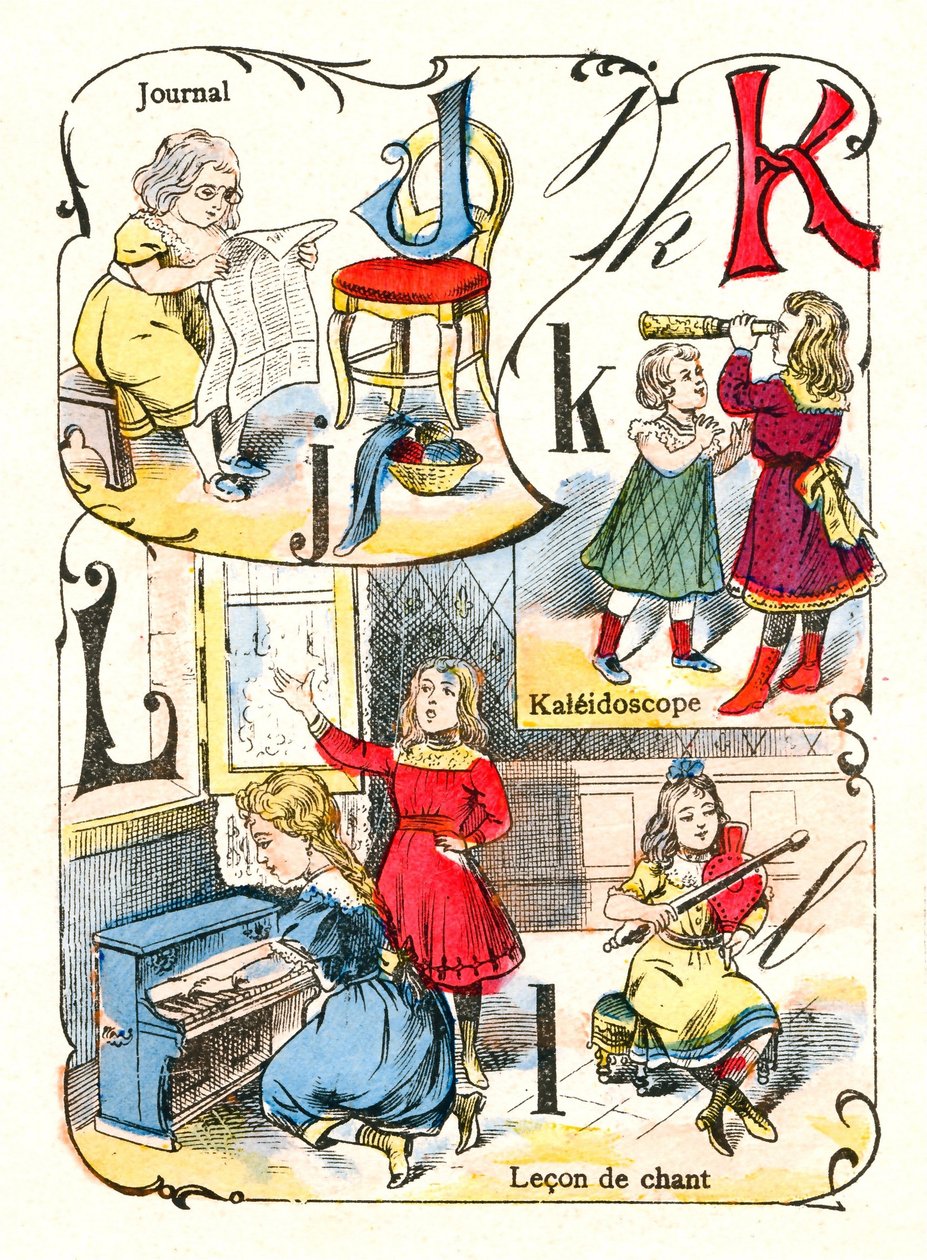 Lettere J K e L come giornale, caleidoscopio e lezione di canto. Incisione in "Alfabeto Divertente". Immagini di Pont-a-Mousson. Stampa e pubblicazione Louis Vagne, fine del XIX secolo da Unbekannt