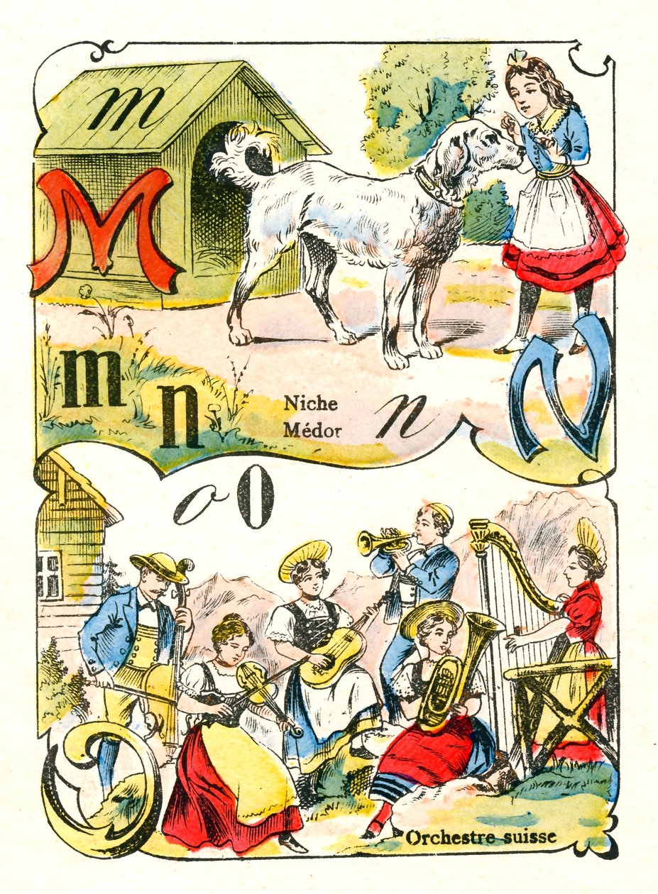 Lettere M N e O come Medor, Niche e Orchestra Svizzera. Incisione in "Fun Alphabet". Immagine di Pont-a-Mousson. Stampa e pubblicazione Louis Vagne, fine del XIX secolo da Unbekannt