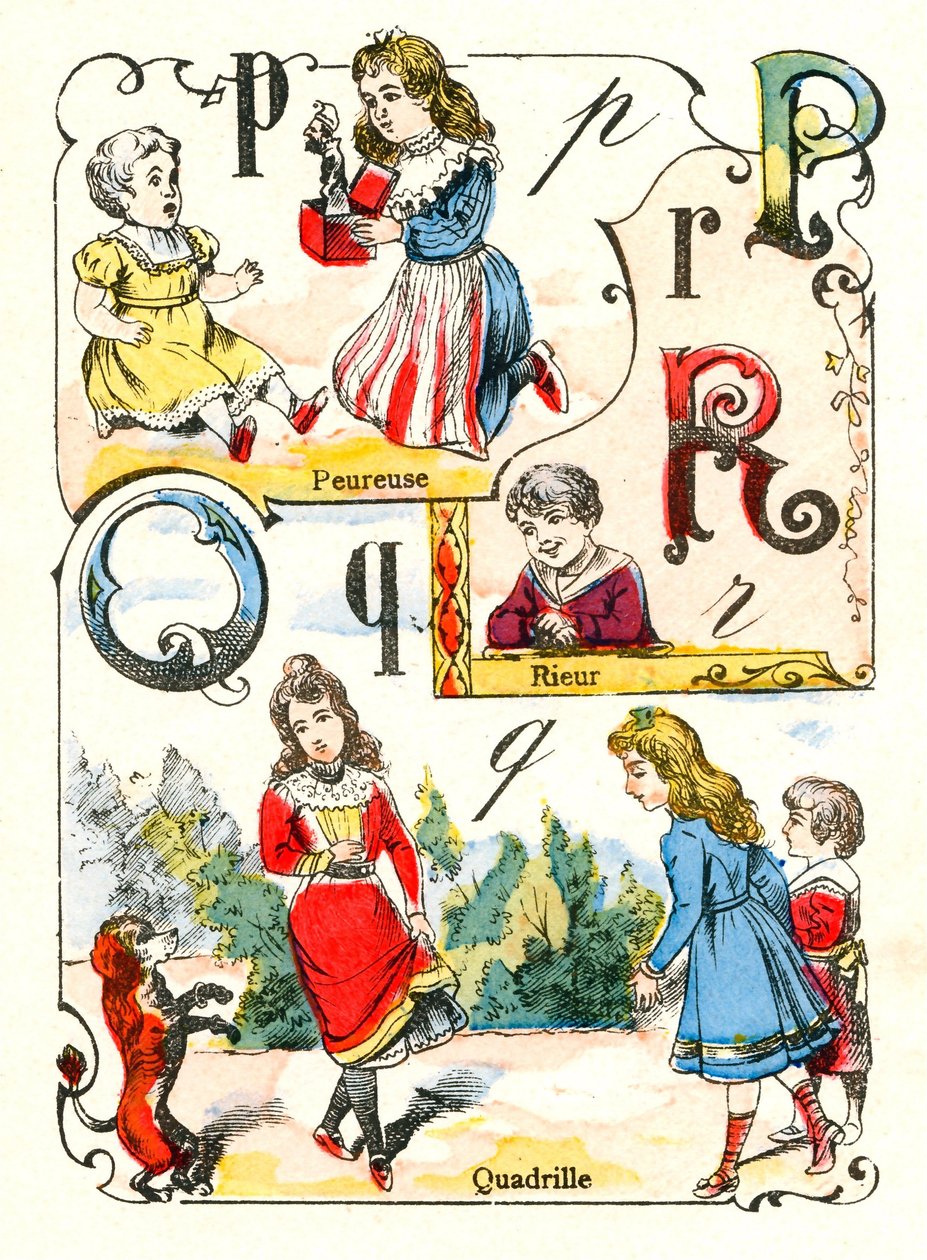 Lettere P Q e R come pauroso, risata e quadriglia. Incisione in "Alfabeto Divertente". Immagini di Pont-a-Mousson. Stampa e pubblicazione Louis Vagne, fine del XIX secolo da Unbekannt