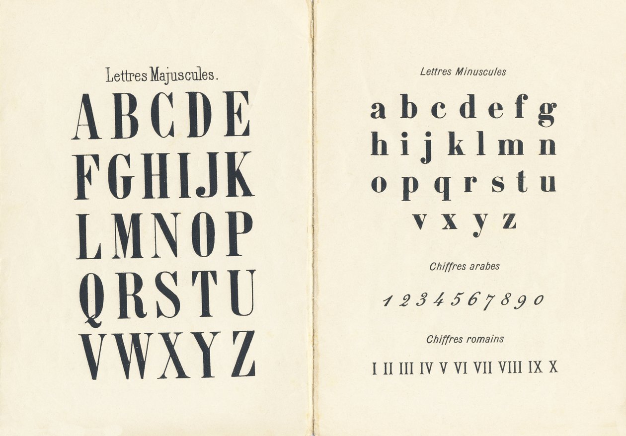 Lettere maiuscole, minuscole, cifre arabe e romane - Gravura tratta da ABCD delle bambine. Pellerin & Cie, stampatore-editore, Epinal, circa 1890. Serie A da Unbekannt