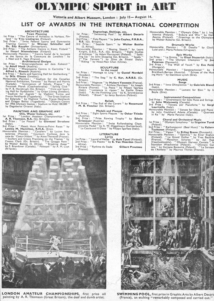 Elenco dei vincitori dei premi per architettura, arte, scultura, letteratura, dramma e musica alle Olimpiadi di Londra del 1948 da Unbekannt