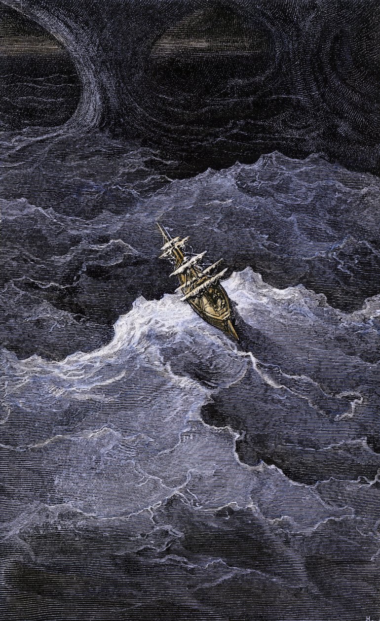 Letteratura: Barca in mezzo al mare. Illustrazione del romanzo di Samuel Taylor Coleridge (1772-1834) "La ballata del vecchio marinaio". Incisione a colori dopo un