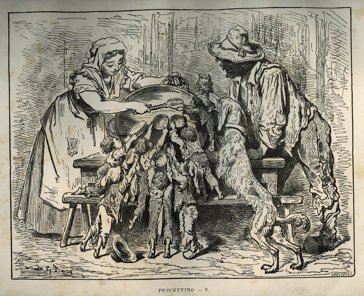 Pollicino e i suoi fratelli affamati. Incisione di Gustave Dore (1832-1883) da 