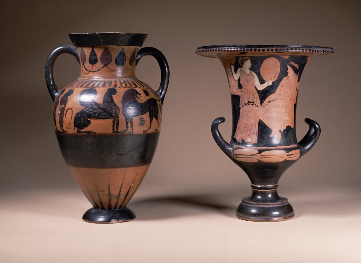 Da sinistra a destra: anfora a figure nere orientalizzante, greca, VI secolo a.C.; calice-krater a figure rosse, greco, Italia meridionale, IV secolo a.C. (ceramica) da Unbekannt