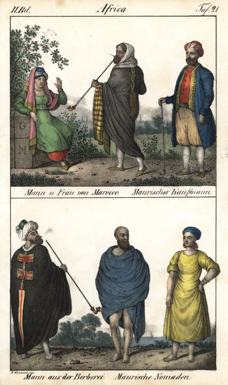 Uomo e donna del Marocco, un mercante moresco, sopra, e una coppia di marocchini, un mercante moresco e sotto, un uomo berbero in un mantello e una coppia di nomadi moreschi. Litografia per il libro: “Galerie complete en tableaux fideles des peuples d