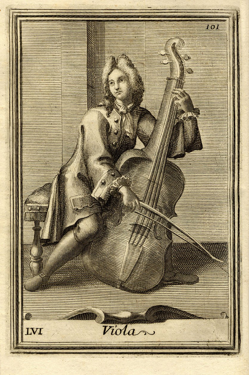Uomo che suona il violoncello (o Viola). In Gabinetto Armonico di Filippo Bonanni, Roma da Unbekannter Künstler
