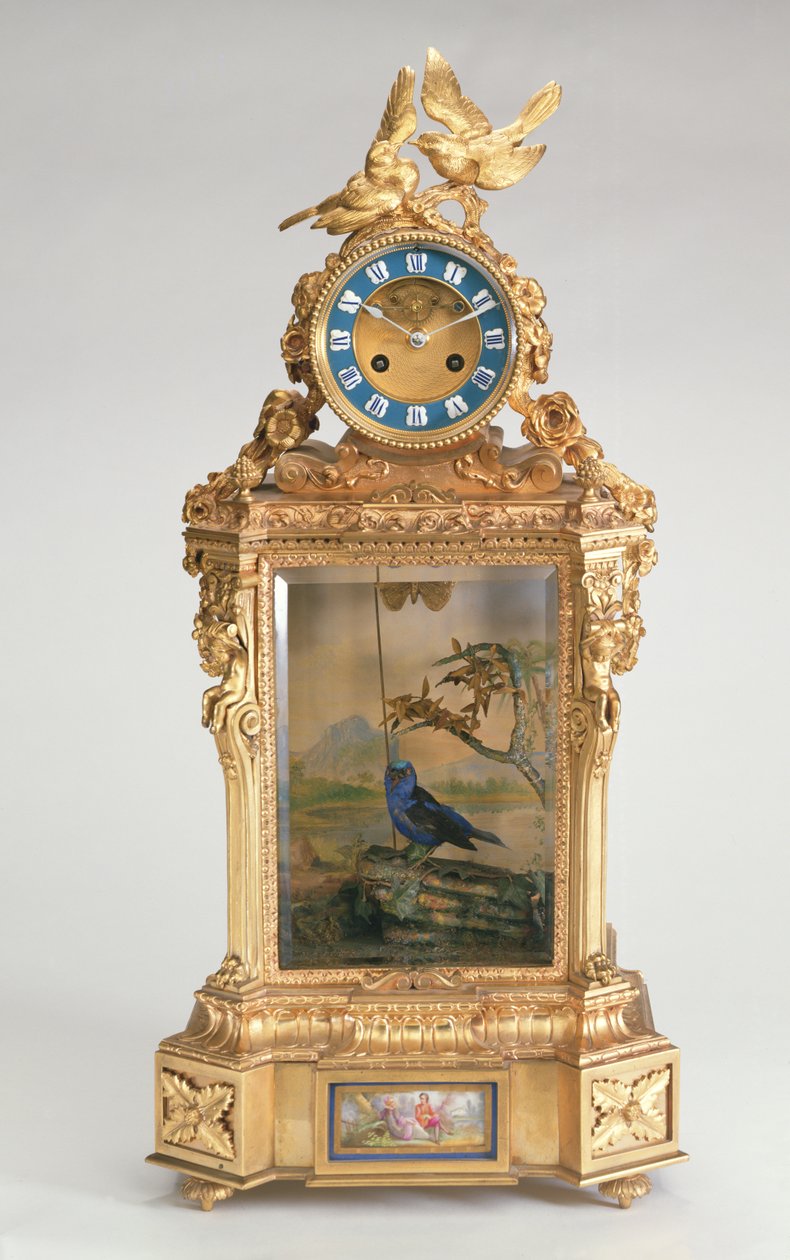 Orologio da mensola, montato in porcellana con automa di uccello canoro, francese da Unbekannt
