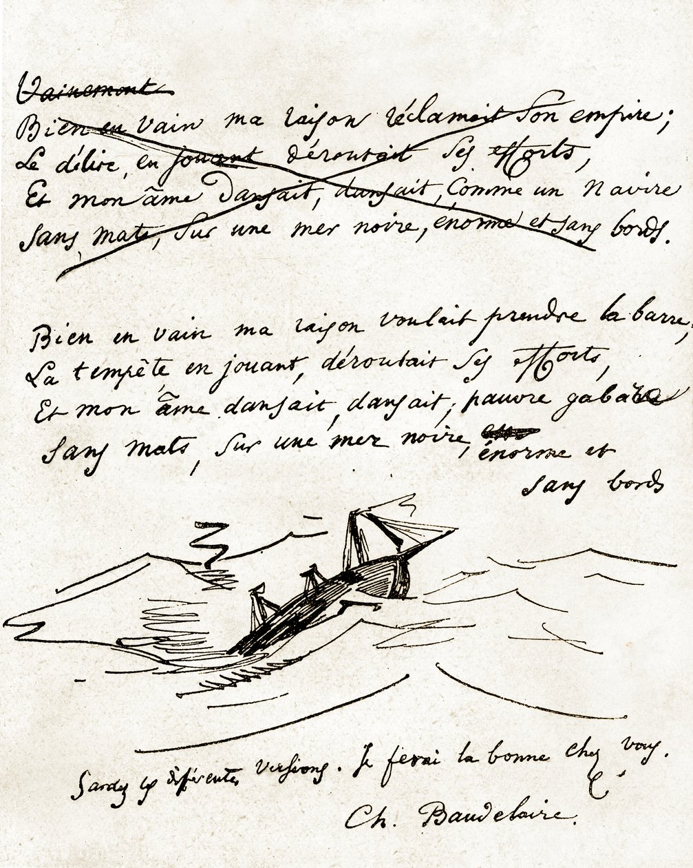 Manoscritto di Charles Baudelaire, illustrato con un disegno di una barca da Unbekannter Künstler