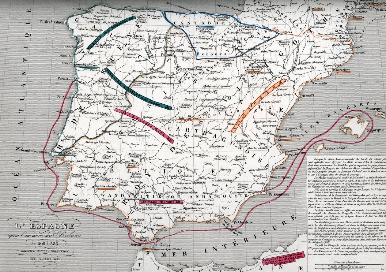 Mappa della Spagna ai tempi della Hispania germanica, 409-585. Incisione dall