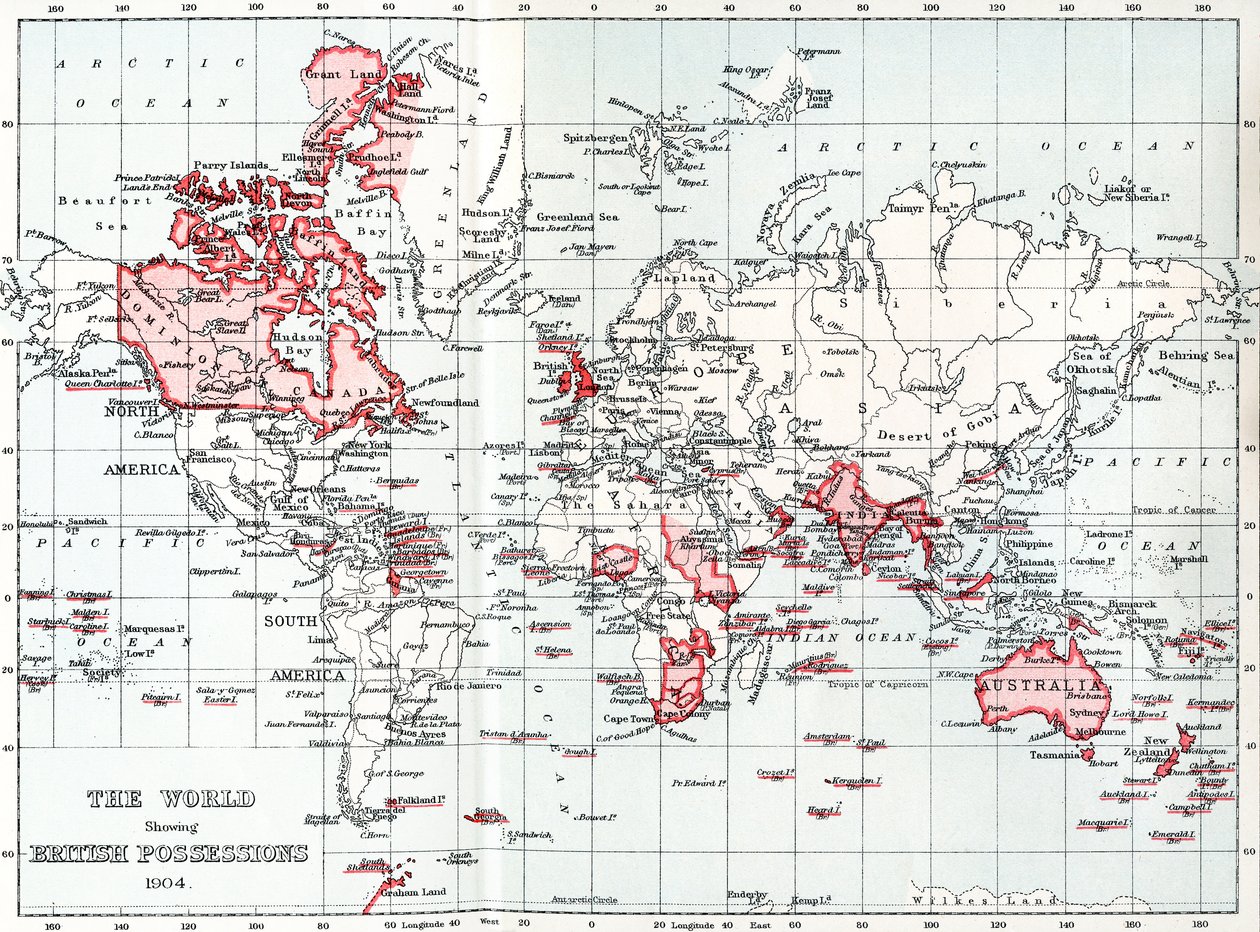 Mappa del mondo che mostra i possedimenti britannici nel 1904 da Unbekannt