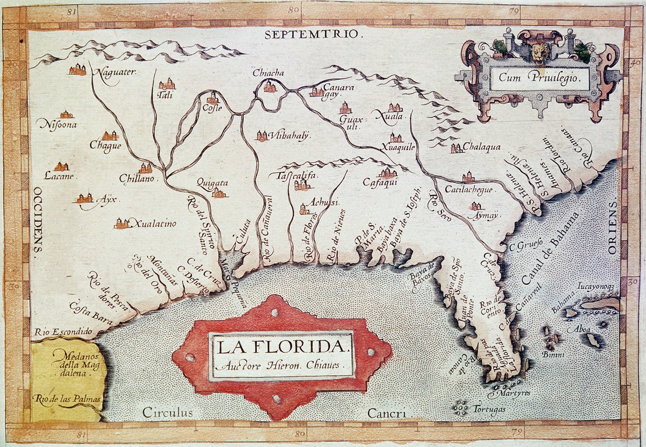 Mappatura della “Florida”. Si possono vedere il Tropico del Cancro, le Bahamas e le Isole Tortugas. In “Teatrum Orbis Terrarum” del cartografo Abraham Ortelius (1527-1598) da Unbekannter Künstler