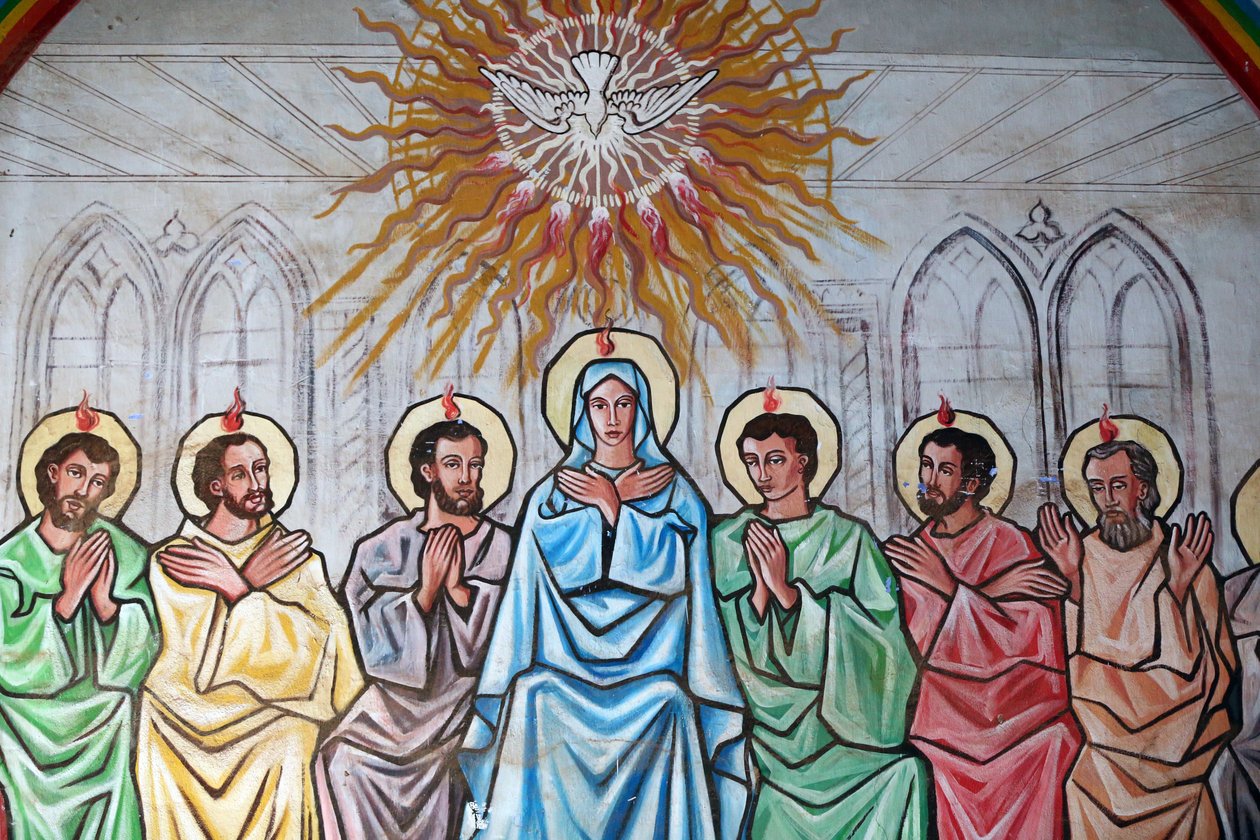 Santuario mariano Nostra Signora del Lago. Lo Spirito Santo che scende sulla Vergine Maria e sugli Apostoli. Dipinto. Togo da Unbekannt