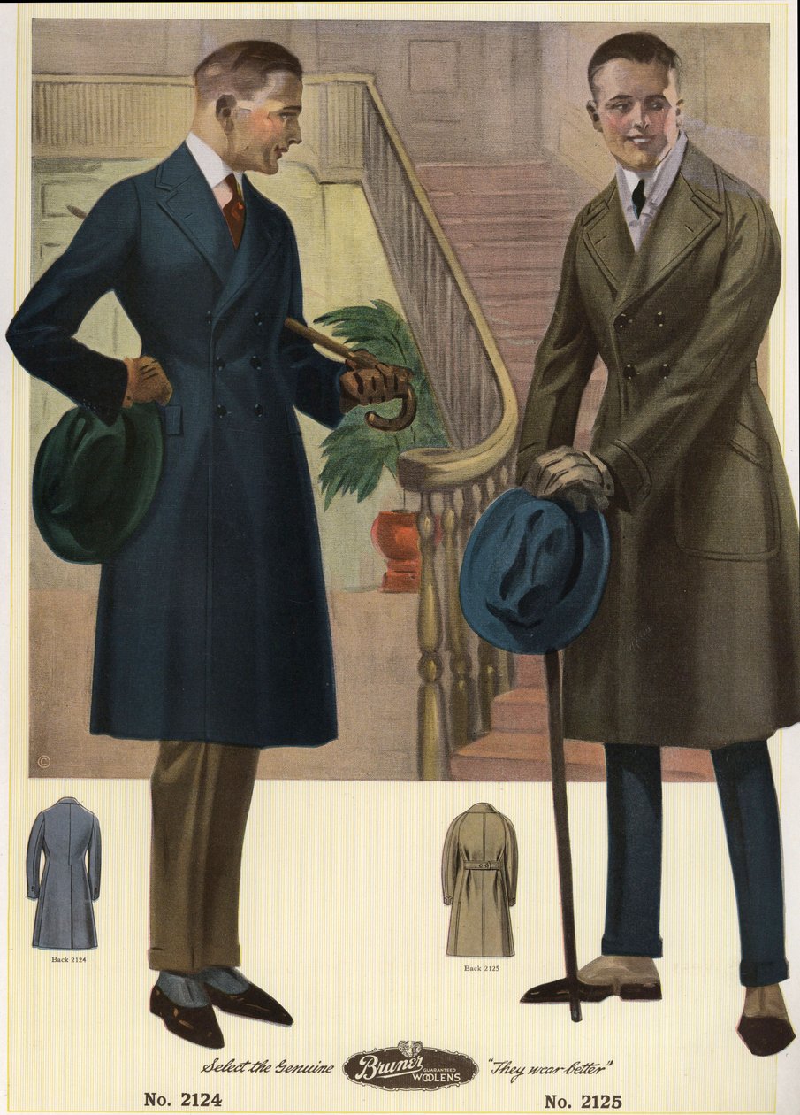 Moda maschile 1920 - Uomini in cappotti doppiopetto con bastoni e cappelli, indossando ghette. Cromolitografia da un catalogo di mode maschili di Bruner Woolens da Unbekannter Künstler
