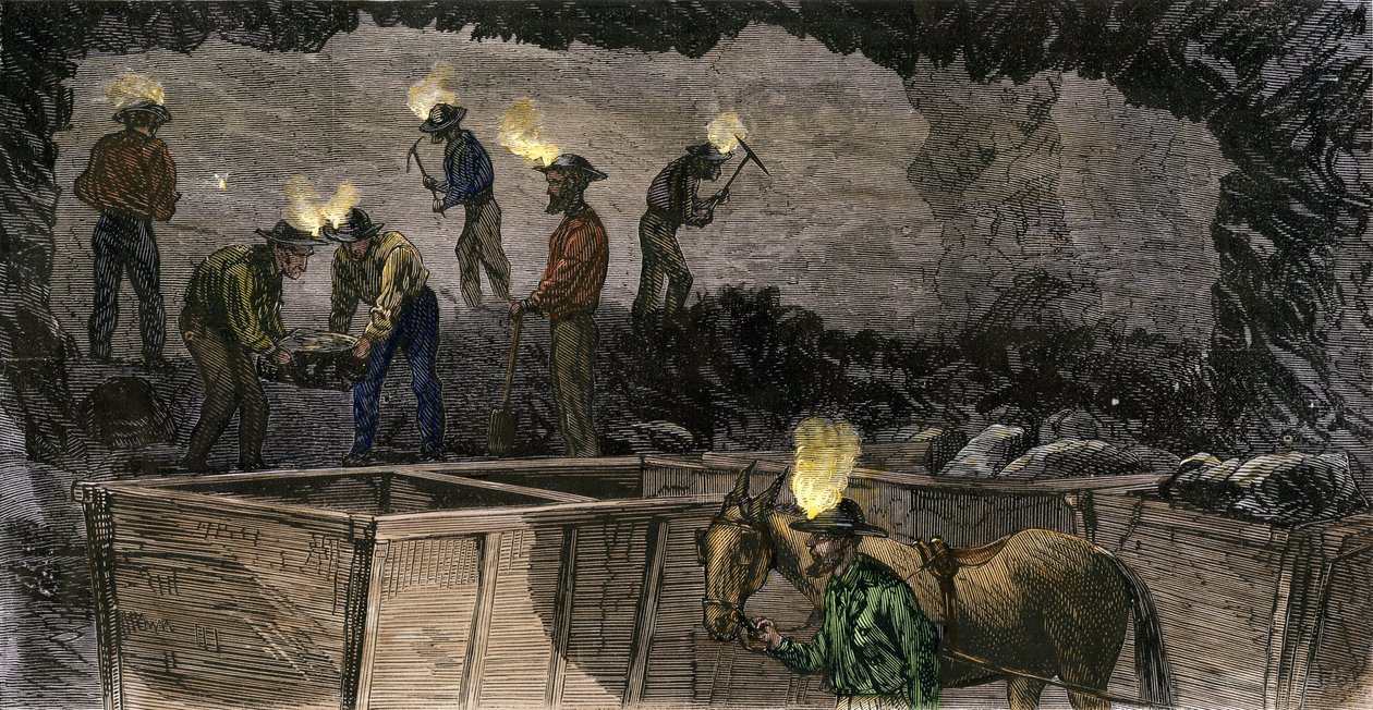 Minatori che scavano la miniera e caricano il carbone in piccoli carri trainati da muli in Pennsylvania. Incisione colorata del 1860 da Unbekannter Künstler