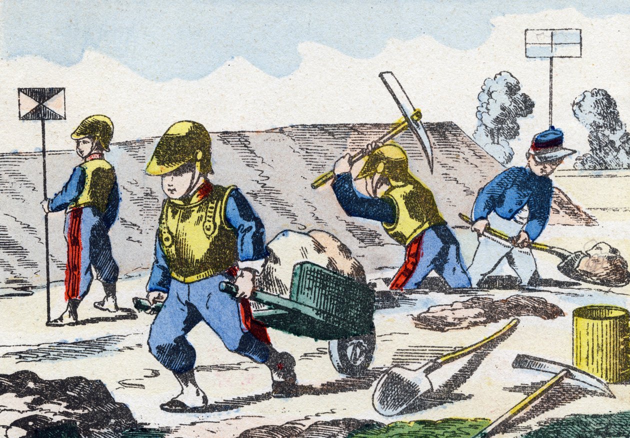 Minatori. Incisione in "Alphabet militaire enfantin". Immagini di Pont-a-Mousson, circa 1890. 20 pagine. da Unbekannt