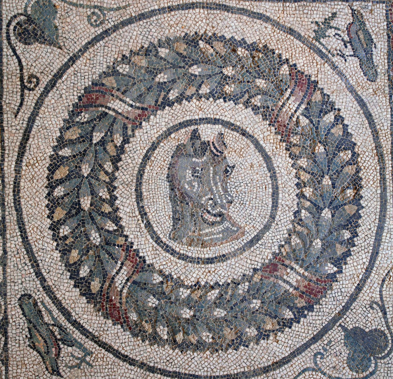 Mosaico del peristilio. Dettaglio che rappresenta la testa di un cavallo. III - IV secolo. Villa Romana del Casale, Sicilia. Sito UNESCO. da William M. Timlin