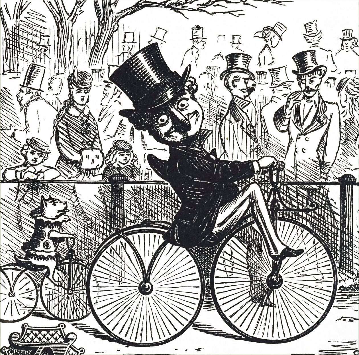 Mr Punch e il cane Toby che cavalcano biciclette da Unbekannt