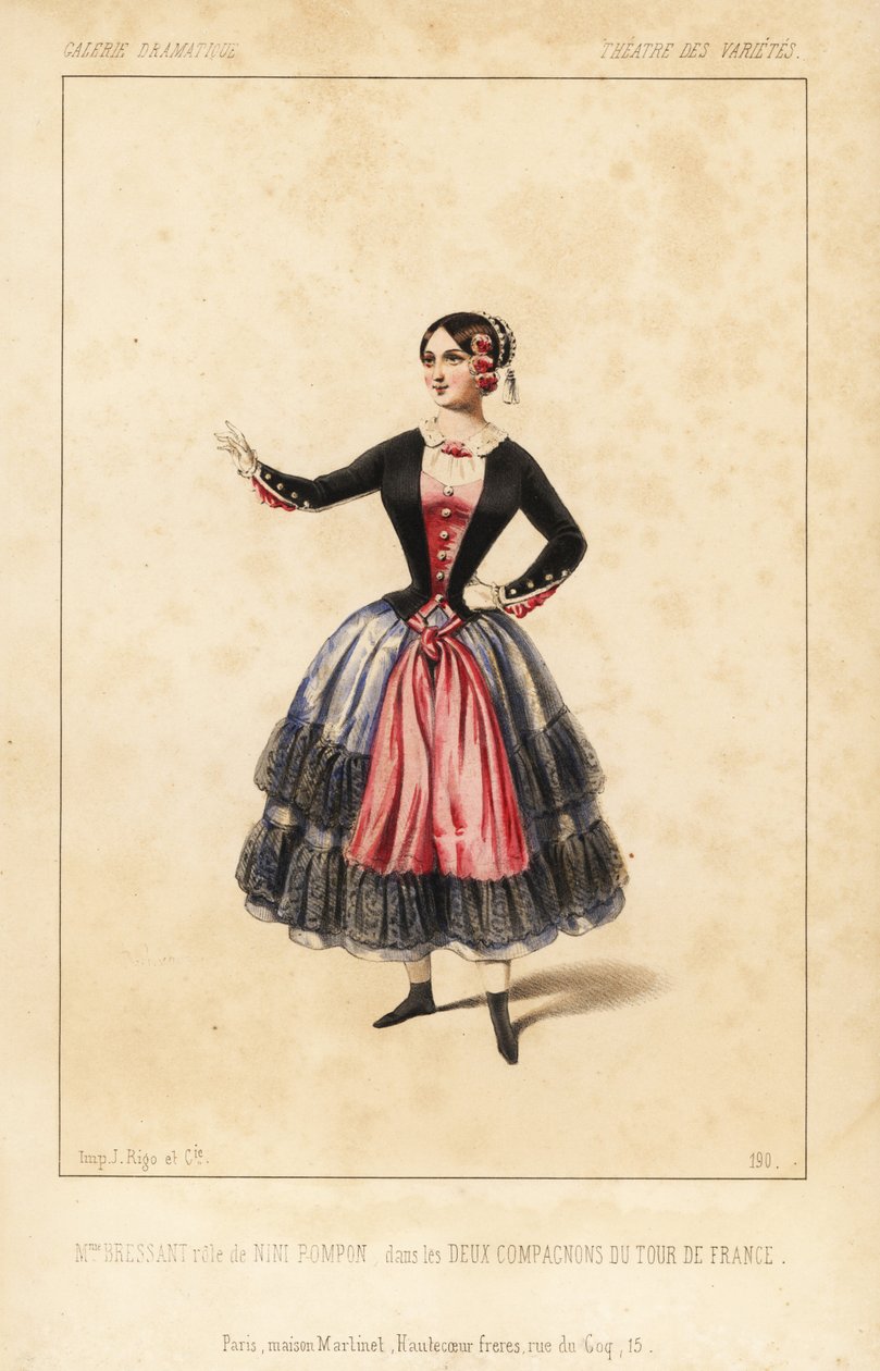 Elisabeth Augustine Bressant come Nini Pompon in les Deux Compagnons du Tour de France di Lockroy e Wailly, Theatre des Varietes da Unbekannter Künstler