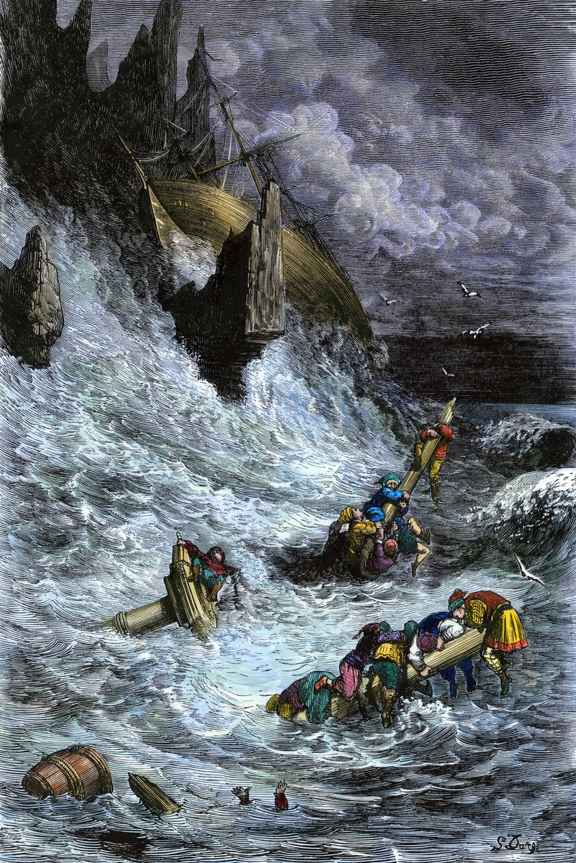 Miti e leggende: Sinbad e i suoi compagni dalle Mille e una notte. Incisione a colori di Gustave Doré. da Unbekannter Künstler