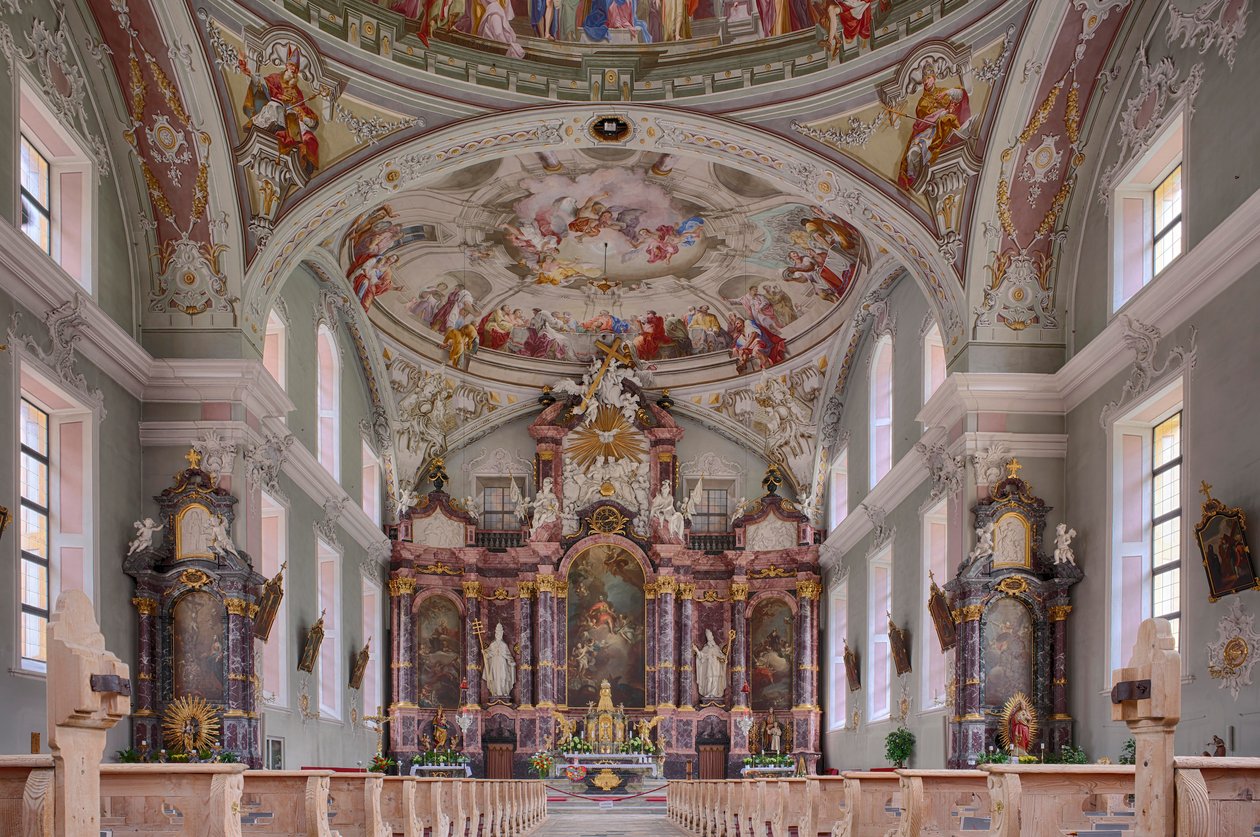 Navata, altare, dipinto del soffitto, fotografia interna, Chiesa parrocchiale cattolica di San Giorgio, Neustift, Valle dello Stubai, Tirolo, Austria, Europa da Unbekannter Künstler