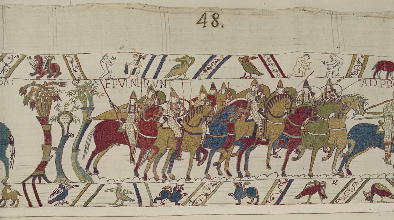 Soldati normanni che lasciano Hastings per combattere contro Harold, Arazzo di Bayeux (ricamo in lana su lino) da Unbekannt