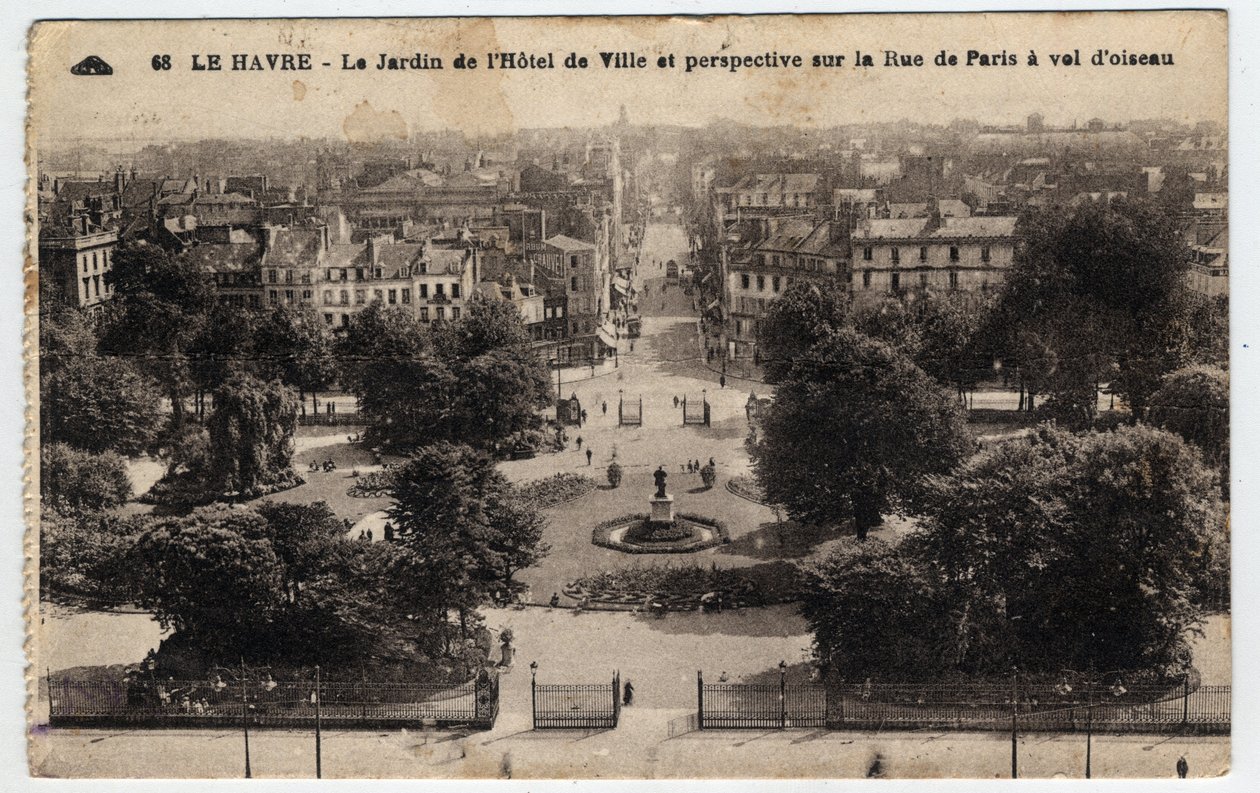 Normandia, Senna Marittima (76), Le Havre: il giardino del municipio e prospettiva sulla rue de Paris - Cartolina fine XIX-XX secolo da William M. Timlin