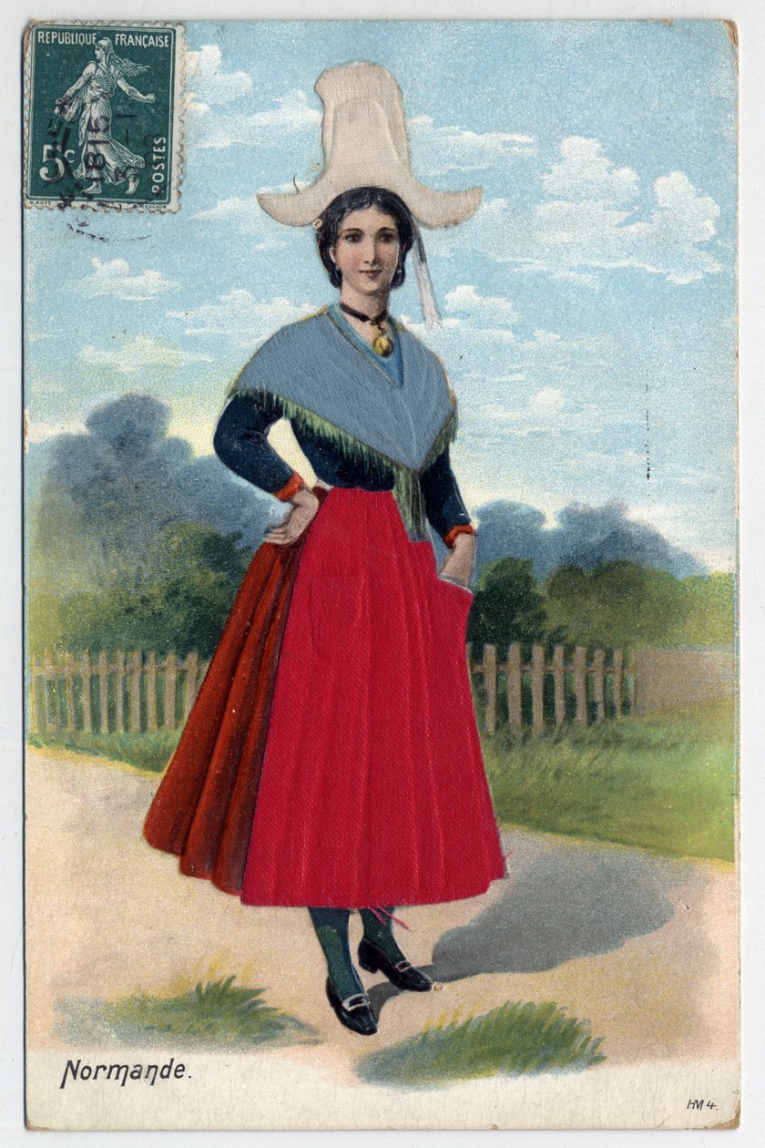 Normandia: ritratto di una donna normanna in abito e copricapo tradizionali - Cartolina fine XIX-XX secolo da Unbekannt