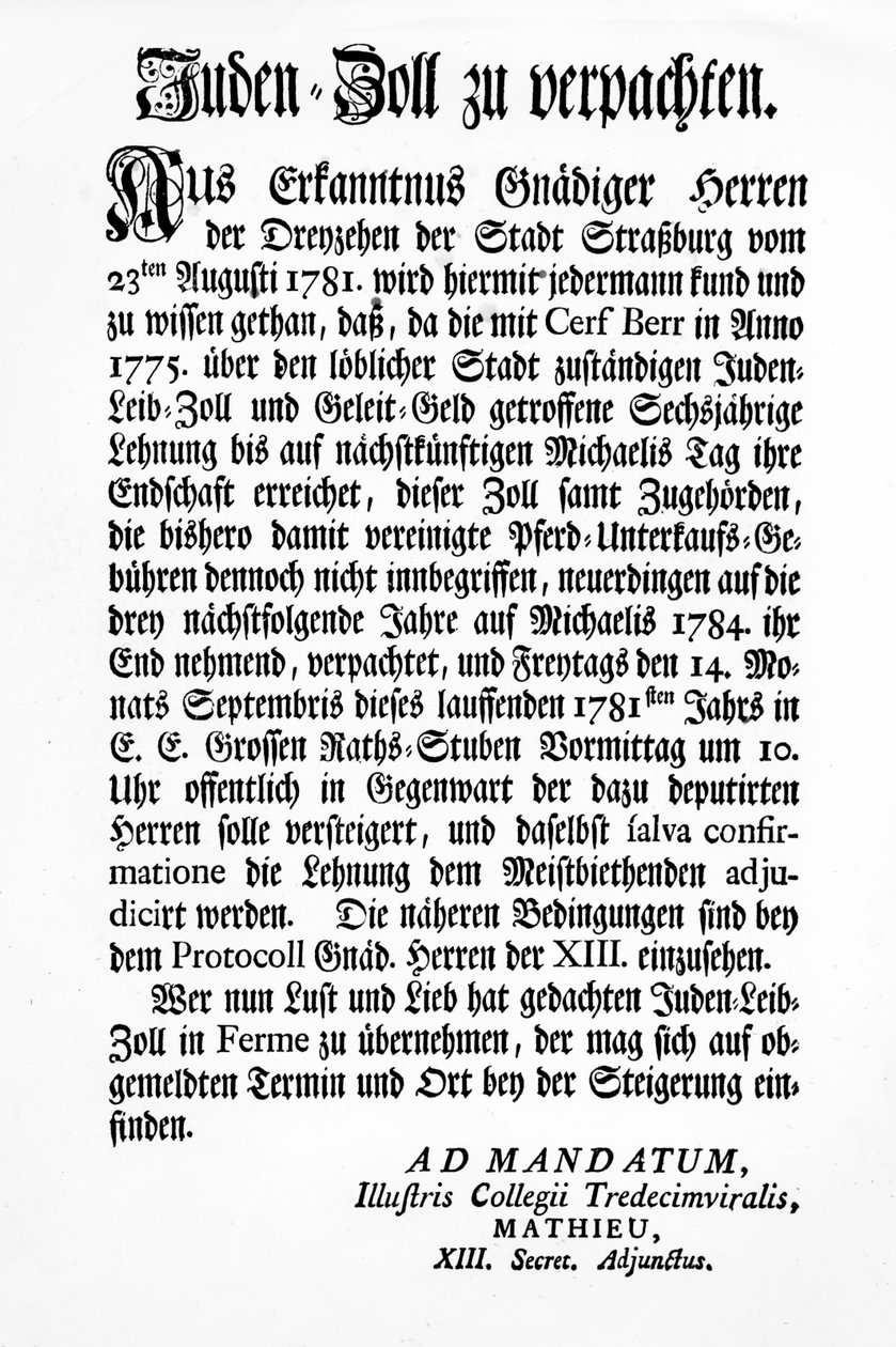 Notifica del Corpo Governativo di Strasburgo dei Tredici (Tredecim Viri) di un